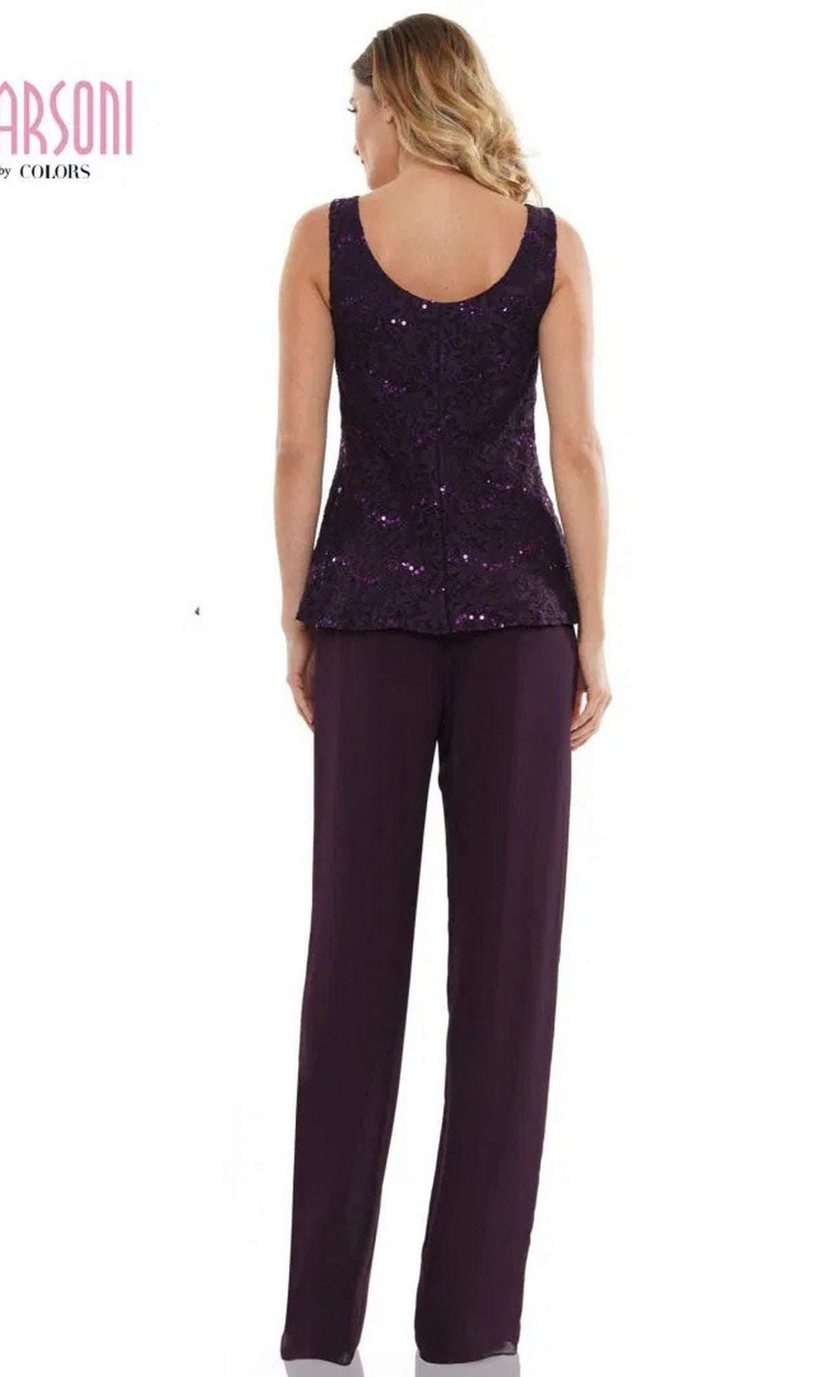 A woman faces away, wearing the Marsoni M305 long formal pantsuit featuring a sleeveless, dark purple sequin top with matching chiffon pants.